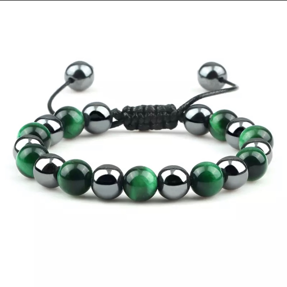 Mens Hematite Green Tigers Eye bracelet beaded crystal bracelet